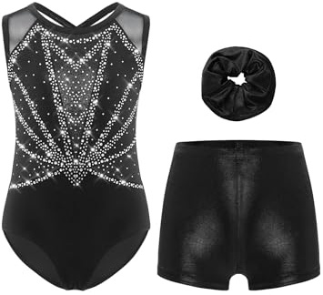 Freebily Body Ginnastica Artistica Bambina Balletto Leotards con Pantaloncini e Fascia per Capelli Body Danza Classica Moderna con Strass Abito da Pattinaggio Artistico Argento&Nero 11-12 anni