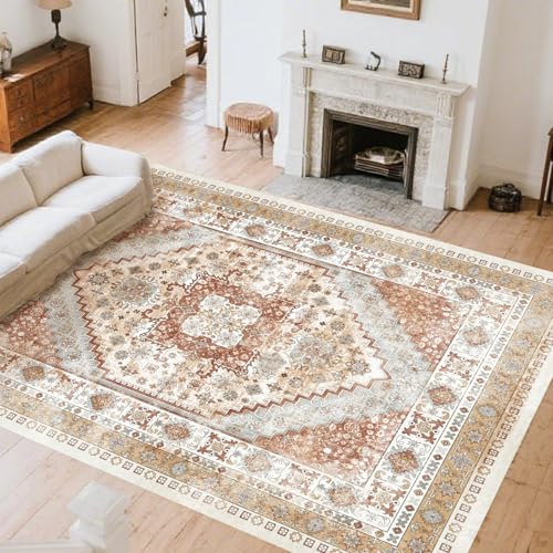 VEVOR 8 x 10 ft Area Rug Large Washable Rug Non-Slip and Tear-Resistant Soft Carpet Pet & Child Friendly Vintage Area Rugs Indoor Mat for Bedroom Living Room Kids Room Office Brown Red