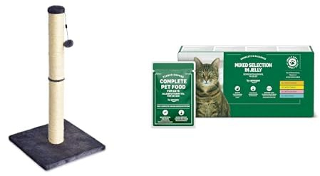 Rascador para Gatos Amazon Basics (80 cm, Gris) con by Amazon selección de Comida Mixta sin Cereales para Gatos Adultos (48x100g)