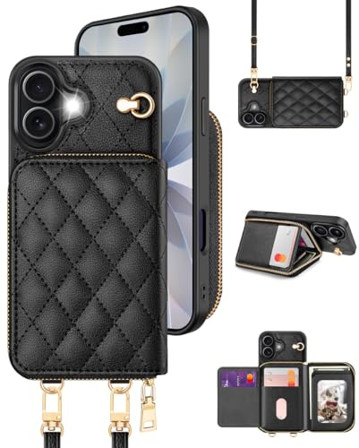 OCASE for iPhone 17 Case, PU Leather Crossbody Zipper Wallet, Argyle Black | Wrist Strap Lanyard, Kickstand, RFID Blocking Card Slots, Shockproof Phone Cover for 6.3 Inch iPhone 17