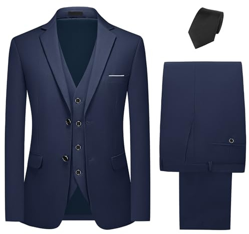 KUDMOL Costume Homme 3 Pièces Mariage Business Slim Fit Smoking à Deux Boutons de Couleur Uni à la Mode Blazer Veste et Pantalon Gilet avec Cravate(Bleu Marin,L)