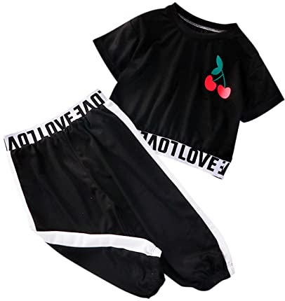 Kids Girl's Hip-Hop Street Dance Outfits 2Pcs Tracksuits with Cherry Embroidery Logo Plain Girl's Sweat Set with Letter Pattern Fashion Casual Hip Hop Pants Girls T-shirt and Sweatpant Tracksuit Girls