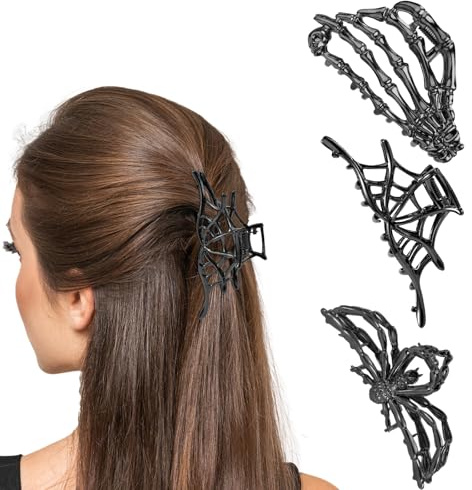 3st Halloween hårklipp, klåklipp för kvinnor Skeleton Hand Spider Web Spider Gotisk Hand Skull Barrettes Hårstyling Tillbehör för Halloween Cosplay Gåvor (Gun Svart)