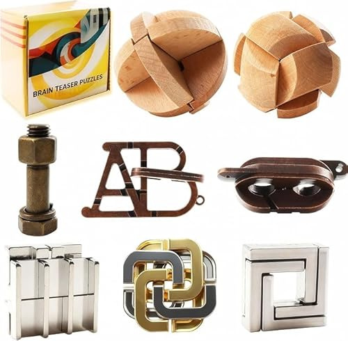 8 Stück knobelspiele Geduldspiele für Kinder, Jugendliche und Erwachsene – Lernspielzeug aus Metall und Holz, 3D Puzzle Denkspiele Spielzeug Setfür IQ und Logik mit Herausforderungen zum Lösen