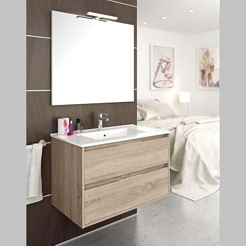 Aquore Mueble de Baño con Lavabo Cerámico Blanco y Espejo | Mueble Baño Modelo Bolton 2 Cajones Suspendido | Alto 48 cm | Profundidad 45 cm (Cambrian, 80 cm)