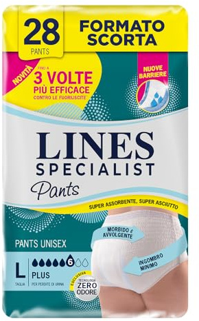 Lines Specialist Pants Plus Unisex, Mutande Assorbenti per Incontinenza Donna e Uomo, Asciutto Lampo e Massima Protezione, Zero Odore, Taglia L, Confezione da 28 Pezzi