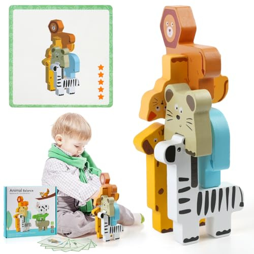 Honosen Montessori Wooden Stacking Toys for 1 2 3 Year Olds, Animal Building Blocks for Toddlers, Educational Birthday Gifts Boys & Girls