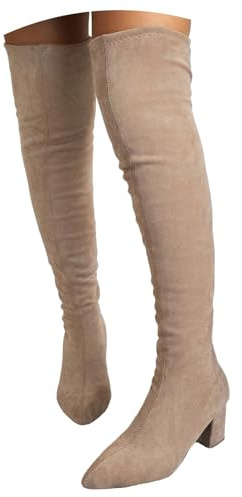 Xbemkste Botas por encima de la rodilla para mujer con tacón, elegantes, botas largas hasta la rodilla, botas altas de ante, tacón cuadrado, botas elásticas, botas de invierno fáciles de poner, beige