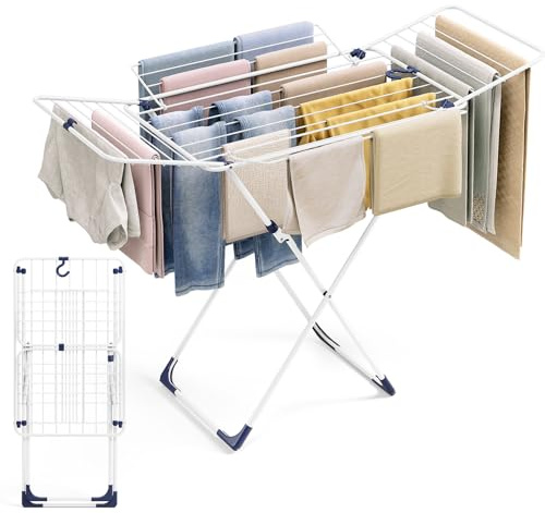 APEXCHASER Clothes Drying Rack, Metal Drying Rack Clothing, Laundry Rack Foldable, Space-Saving, Free-Standing Airer with 4 Gullwings, Indoor Outdoor Use, 55.12*37.8*17.52, White