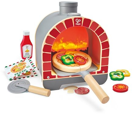 Hape Pizzaofen mit realistischen Brennholzeffekt und passenden Geräuschen – Rollenspiel-Kochset mit Teig, Belägen, Pizzaschneider, Lernspielzeug, ab 3 Jahren