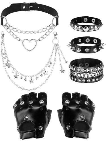 Rudfovn 6 Pcs Emo Accessories Set, Adjustable Goth Choker Studded Bracelet Leather Gloves Jeans Chain for Men Women Fancy Dress Party