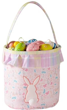 Cesta de Pascua - Cubo de conejito con cola de pompón de 25,5 x 21,5 cm | Cesta de conejo vacía, para dulces, niños, niñas, dulces de chocolate, juguetes, bocadillos, rellenos, vacaciones de p