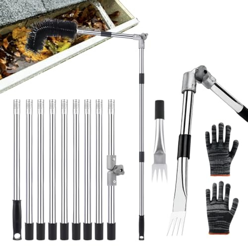 Guiwuiyu Gutter Cleaning Tools, 4M Gutter Brush with Adjustable Angle Pole and Rake, Telescopic Roof Guttering Cleaner for Removing Leaves Debris Spider Web