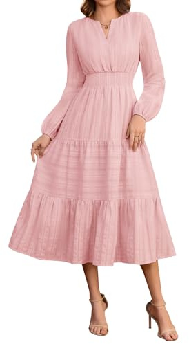 heekpek Dresses for Women UK Long Sleeve V Neck Cotton | Tiered Maxi Dress With Pockets, Elastic Waist, Spring Autumn Swing Dress, For Casual Vacation Wedding Guest
