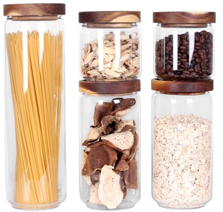 SAIOOL Set of 5 Kitchen Canisters,Thick, Stackable, Natural Style,Cookie, Rice and Spice Jars - Sugar or Flour Container - Big and Small Airtight Food Jar for Pantry