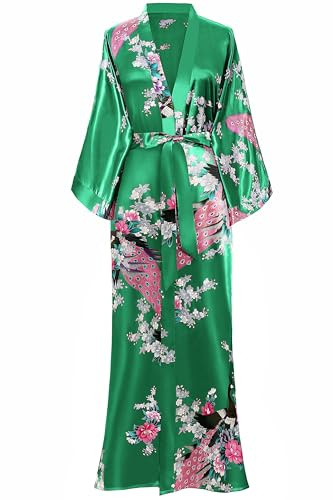 BABEYOND Damen Kimono Kleid Pfauenmuster Blumen Lang, grün, One size