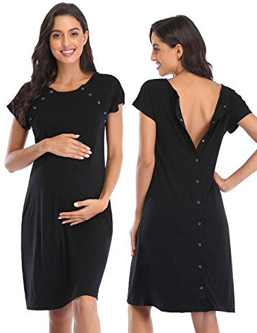Soanhoo Women's Nursing/Delivery/Labor/Hospital Nightdress Short Sleeve Maternity Nightgown with Button,Black,S