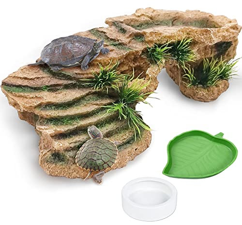 Hamiledyi Turtles Basking Plattform 3 Stück Harz Bartdrachen Klettern Step Ramp Schildkröte Resting Dock Rock Versteck mit Futterschalen für Reptilien-Eidechsen, Chamäleons, Nachrichten, Schlangen