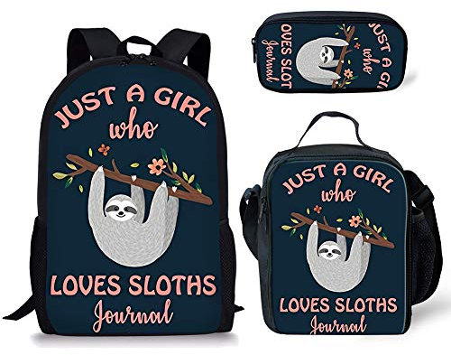 Binienty 3-in-1-Rucksack mit Lunchtasche und Federmäppchen für Kinder, Jungen, Mädchen, Schulschulranzen, Niedliche Faultier, Einheitsgröße,