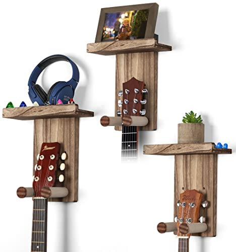 Keebofly 3-Pack Guitar Wall Mount Hangers - Rustic Wood Brown Guitar Stand with Pick Holder - Acoustic, Electric, Ukulele, Bass & Mandolin [Patented]