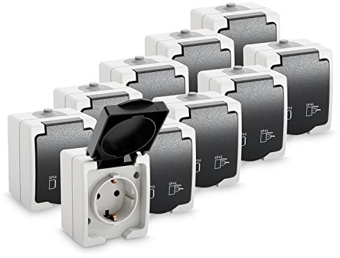 ABSINA Aufputz Feuchtraum Schutzkontaktsteckdose 10x Aufputz Steckdose mit Klappdeckel IP44 250V 16A 2-polig
