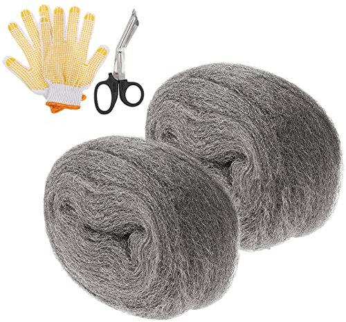 Wenya Steel Wool Mice, 0000 Steel Coarse Wire Wool Gaps Blocker Kit with Work Gloves and Scissors, Rodent Control DIY Fill Holes Fabric Kit (2 Pack x 3m)
