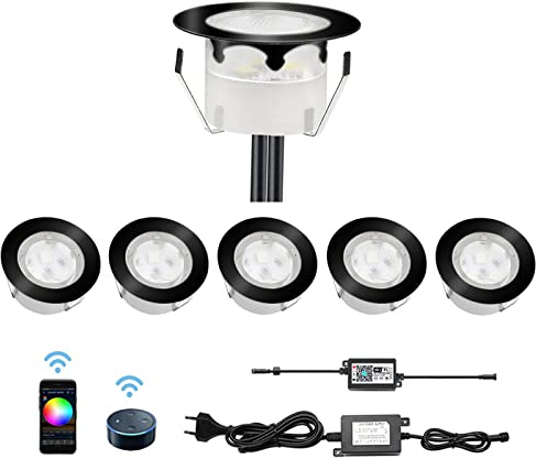 LED Bodeneinbaustrahler RGB 6er Set, Ø45mm WiFi Terrasse Einbauleuchten Kompatibel mit Amazon Alexa, Google Home, IP67 Wasserdicht App Steuerbar Außen Boden Licht für Küche Garten Treppen, Schwarz