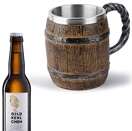 Fowybe Boccale da 450 ml in acciaio inossidabile per whisky - Bicchiere medievale in stile legno - Argento