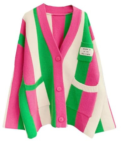 JASCLS Winter Long Sleeve Cable Knitted Color Block Boho Striped Sweater Cardigans Chunky Sweater Cardigans for Women, Rainbow Pink, XL