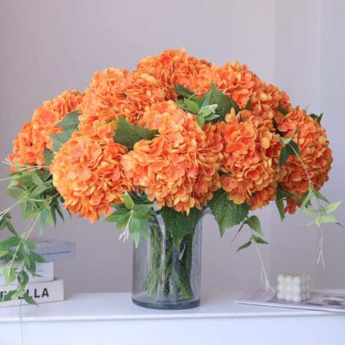 Buart Bouquet di ortensie artificiali in seta, realistici al tatto, a stelo lungo, per casa, matrimoni, baby shower, albero di Natale, tavolo da pranzo, centrotavola, decorazioni (arancione, grandi