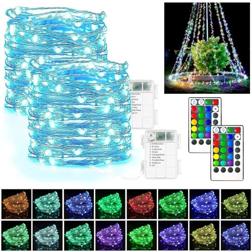 LED Lichterkette,2 Stück 5m LED Lichterkette aus Kupferdraht,50er LED Lichterkette,16 Farbwechsel,Lichterkette Außen Batterie,für Party,Garten,Weihnachten,Halloween,Hochzeit Deko.