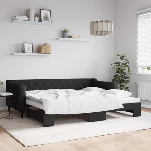 Homgoday Tagesbett Ausziehbar Schlafsofa Ausziehbett Ausziehsofa Schlafbett Bettsofa Schlafcouch Sofabett Sofa Couch Gästebett Bettcouch für Wohnzimmer Gästezimmer Schwarz 90x200 cm Stoff