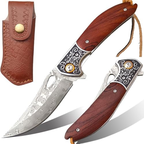 JOHOOBO Damast Taschenmesser, Damast Klappmesser mit Holzgriff, Damastmesser, Damast Einhandmesser, Klappmesser Damast mit Scheide, scharfes Jagdmesser für Camping