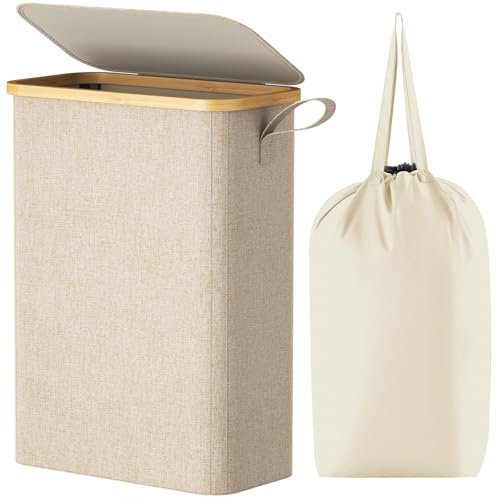 Lifewit 50L Slim Laundry Hamper with Lid, Narrow Laundry Basket with Removable Bag & Bamboo Handles, Fodable Thin Dirty Clothes Hamper for Laundry Collapsible Bin for Bathroom Bedroom Dorm, Beige