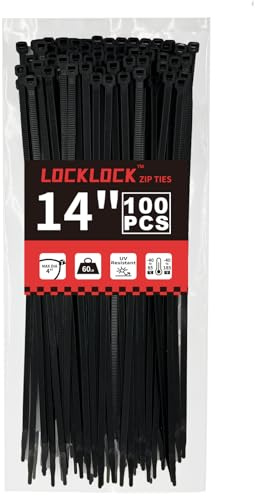 Zip Ties 14 inch(100 Pack), 60 lb, Black Heavy Duty Wire Ties, UV Resistant Cable Ties for Indoor and Outdoor Use, LOCKLOCK