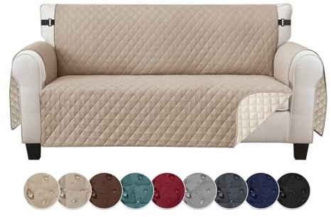 Jaotto Sofabezug 3 Sitzer wasserdichte Sofa Überzug mit Armlehnen Antirutsch Sofaschoner Sofaüberwurf Reversible Gesteppte Couch überzug für Haustiere Katzen Hunde,Khakifarbe