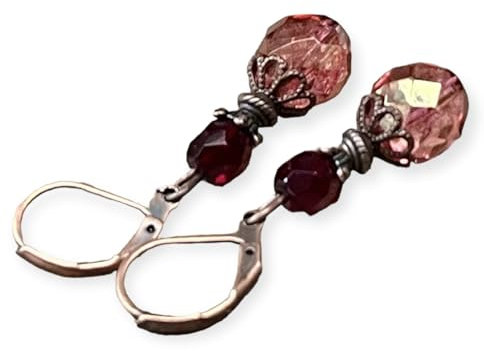 Vintage Ohrringe mit böhmischen Glasperlen - granatrot, pink golden luster, weinrot blutrot kupfer