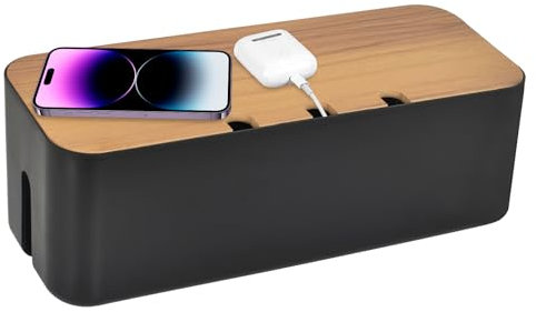 Large Cable Organizer Box Cable Tidy Box with Wooden Lid, Cable Storage Box, Cord Hider Box, Cable Management Box Accessories for Hiding Cables, Power Strips for Desks, Home, Office (Black)