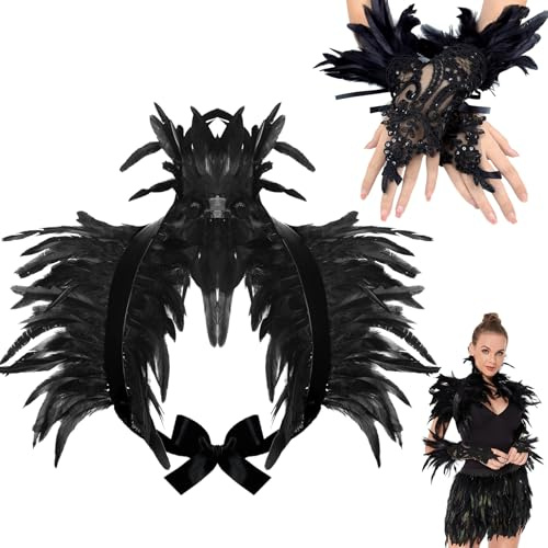 Huahuanghui Federn Schwarz Gothic, Maleficent Kostüm Damen, Federkragen Schwarz Set, mit Feder Handschuhe Schwarz, Schwarzer Federumhang, zum Halloween Karneval Masquerade Cosplay