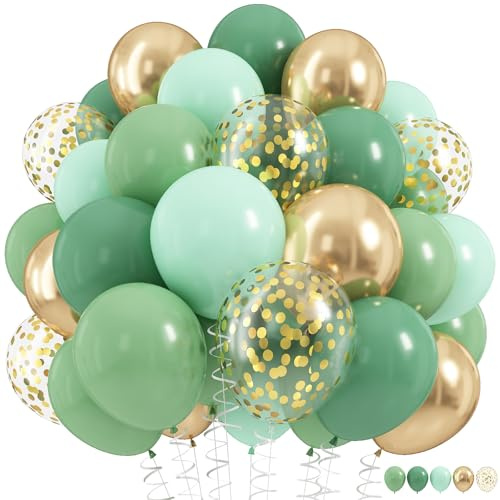 Luftballons Salbeigrün, 60 Stück 12 Zoll Sage Pastell Eukalyptus Grün Olivgrüne Metallic Gold Geburtstag Party Ballons mit Gold Konfetti Latex Luftballons für Kinder Dschungel Safari Babyparty Deko