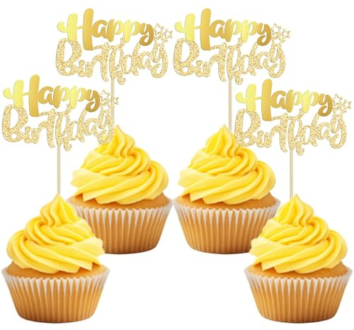 Ephlyn 24Pcs Happy Birthday Cupcake Toppers Double Layer Glitter Happy Birthday Cake Decorations for Baby Shower Theme Kids Boys Girls Birthday Anniversary Party Decorations Supplies Gold