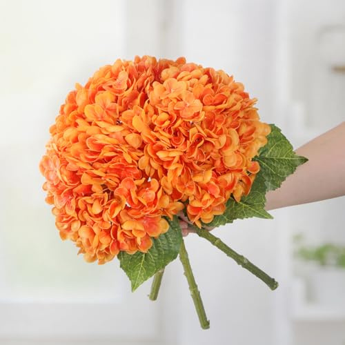 Kmise Lot de 3 hortensias artificiels, 55,9 cm au toucher réaliste, grand hortensia artificiel pour décoration d'intérieur, bouquets de mariage, arrangements floraux, centre de table, orange