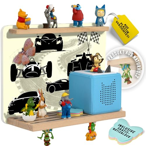 DUAPLAN® Kinder-Regal für Toniebox & bis zu 40 Figuren – Rennstrecke Beige, Magnetisch, Plastikfrei, Zum Hinstellen oder An der Wand, Stabil, Platzsparend, Perfekt für kleine Rennfahrer und Auto-Fans