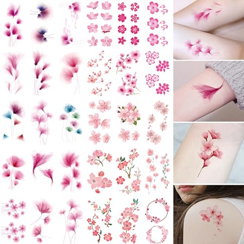 60 Sheets Flowers Temporary Tattoos Stickers,Watercolor Floral Tattoo Stickers,Waterproof Mixed Styles Body Tattoo Sticker Flower Cherry Blossom Tattoo Designs for Women Arms Back Shoulders Legs