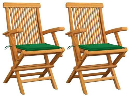 Xichuzi Gartenstühle mit Grünen Kissen, Gartenmöbel, Balkonstühle, Hochlehner, Balkonmöbel, Bistrostuhl, Garten Stühle, Armlehnenstuhl, 2 STK. Massivholz Teak