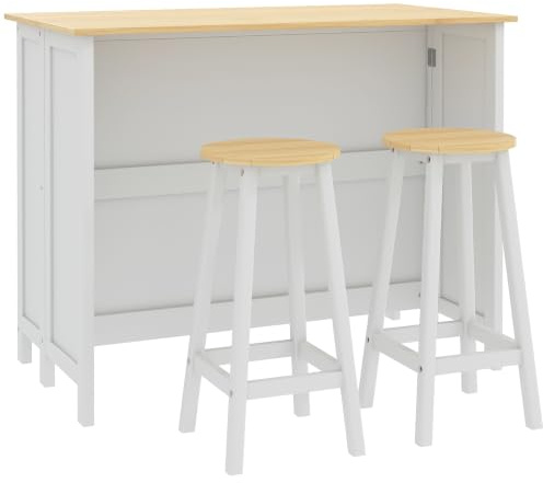 HOMCOM Îlot Central de Cuisine 2 Tabourets 2 Armoires Rangement Blanc | Ensemble Table et Tabouret de Bar, Plan de Travail Rabattable, 4 Portes, Design Moderne