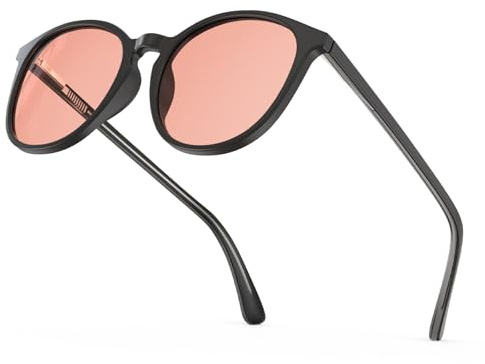 Bloomoak Gafas antimigraña teñidas rosa, estilo retro redondo, anti-luz azul, FL-Flex para sensibilidad a la luz, deslumbramiento LED, fotofobia y fatiga ocular