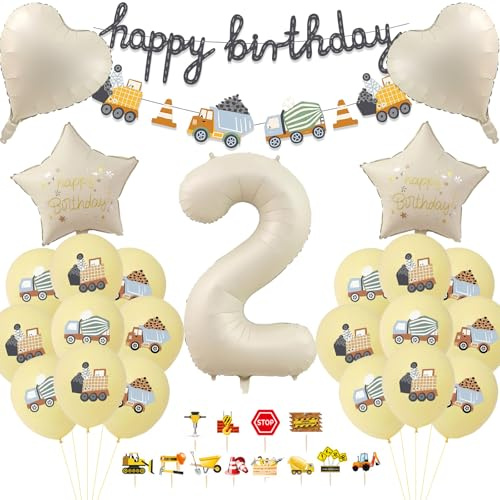 ALEGRE Bagger Geburtstag Deko 2 Jahre, Baustellen Deko 2. Geburtstag Junge, Geburtstagsdeko 2 Jahre Set mit Bagger Luftballon,Tortendeko,Happy Birthday Girlande, Baustellen Deko Kindergeburtstag Party