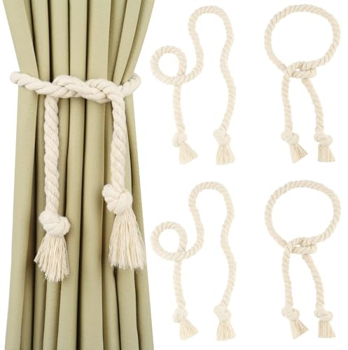 GHLAECM 4 Piezas Recoge Cortinas Beige, Alzapaños Cortinas de Cuerda de Algodón Trenzados a Mano, Abrazaderas Cortinas Decorativas para Dormitorio, Salón y Oficina