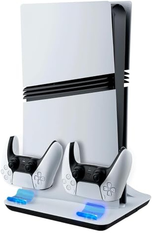 Mcbazel Support de Refroidissement et Station de Charge pour Console PS5/PS5 Slim/PS5 Pro avec Ventilateurs à Vitesses Multiples et Lumières LED Chargeur Double Manette, Base Editions Disque/Digitale